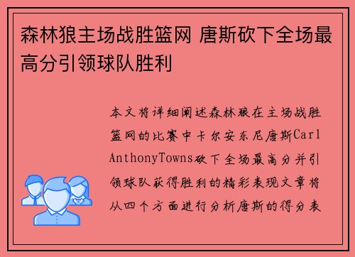 森林狼主场战胜篮网 唐斯砍下全场最高分引领球队胜利