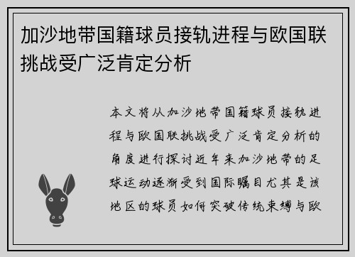 加沙地带国籍球员接轨进程与欧国联挑战受广泛肯定分析