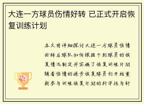 大连一方球员伤情好转 已正式开启恢复训练计划