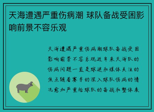 天海遭遇严重伤病潮 球队备战受困影响前景不容乐观