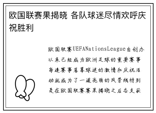 欧国联赛果揭晓 各队球迷尽情欢呼庆祝胜利