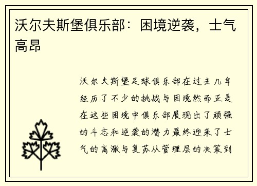 沃尔夫斯堡俱乐部：困境逆袭，士气高昂