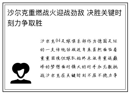 沙尔克重燃战火迎战劲敌 决胜关键时刻力争取胜
