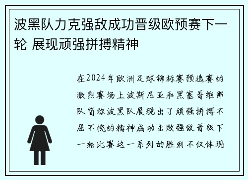 波黑队力克强敌成功晋级欧预赛下一轮 展现顽强拼搏精神