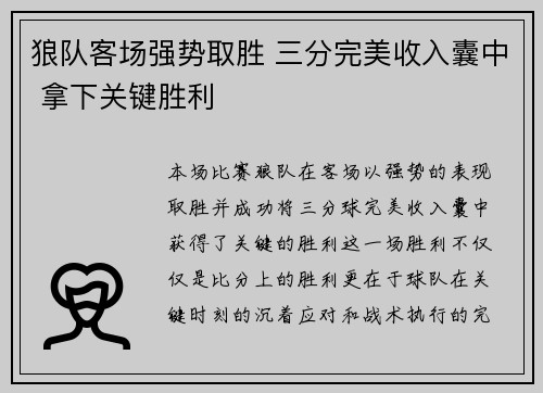 狼队客场强势取胜 三分完美收入囊中 拿下关键胜利