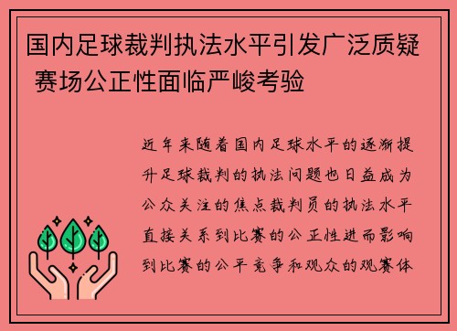 国内足球裁判执法水平引发广泛质疑 赛场公正性面临严峻考验