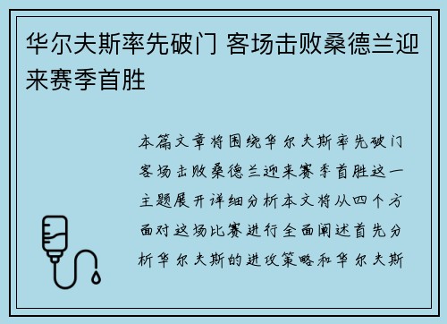 华尔夫斯率先破门 客场击败桑德兰迎来赛季首胜