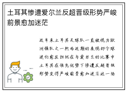 土耳其惨遭爱尔兰反超晋级形势严峻前景愈加迷茫