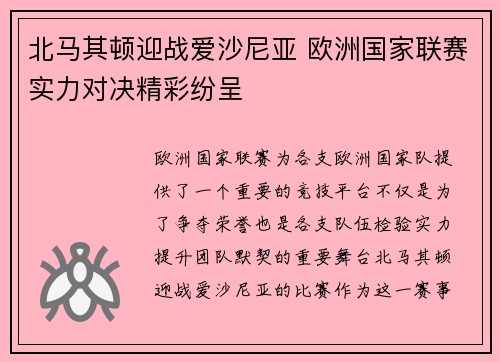 北马其顿迎战爱沙尼亚 欧洲国家联赛实力对决精彩纷呈