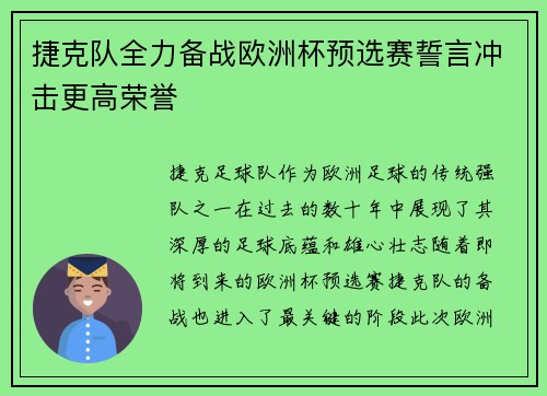 捷克队全力备战欧洲杯预选赛誓言冲击更高荣誉