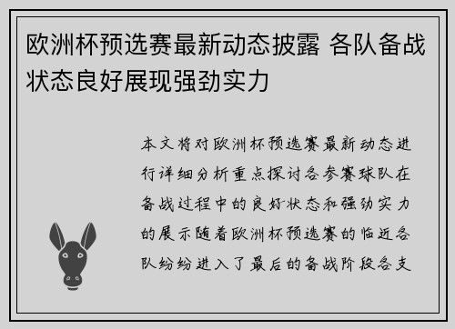 欧洲杯预选赛最新动态披露 各队备战状态良好展现强劲实力